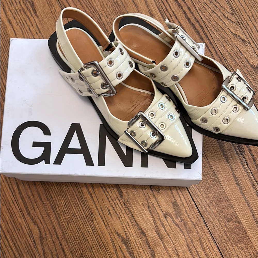 Ganni Cream Flats with Silver Accents